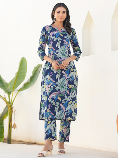 Navy Blue Pure Cotton Floral Printed Straight Kurta Pant Set